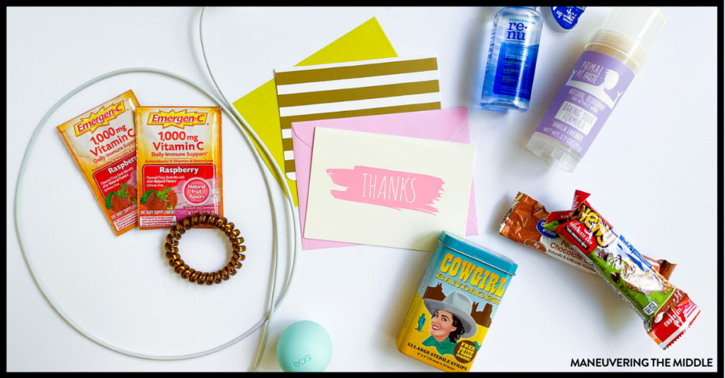 What teacher desk supplies do you need to get through the school day? It isn't always pens or post its, but hair ties and a phone charger. Keep reading to find out more. | maneuveringthemiddle.com