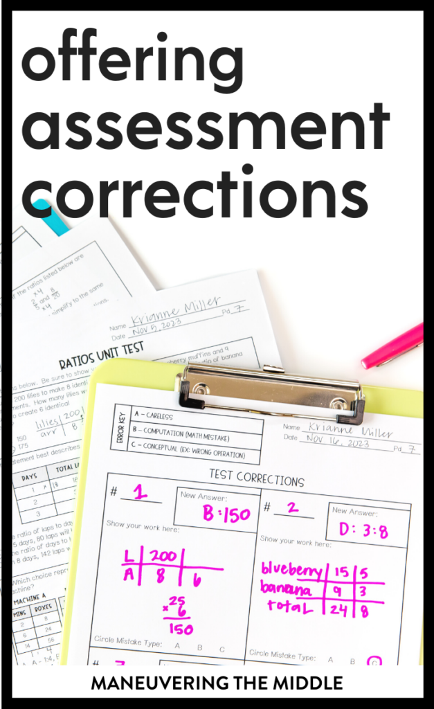 Test corrections are a great tools for pushing students and measuring their progress.  Why you should offer test corrections in your class! | maneuveringthemiddle.com