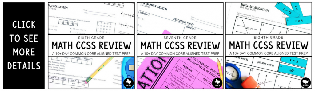 Math CCSS aligned review for grades 6, 7, and 8.