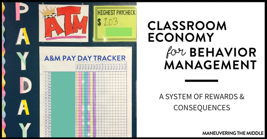 A classroom economy helps manage students by setting up rewards & consequences and provides teachers opportunities to positively narrate students. | maneuveringthemiddle.com