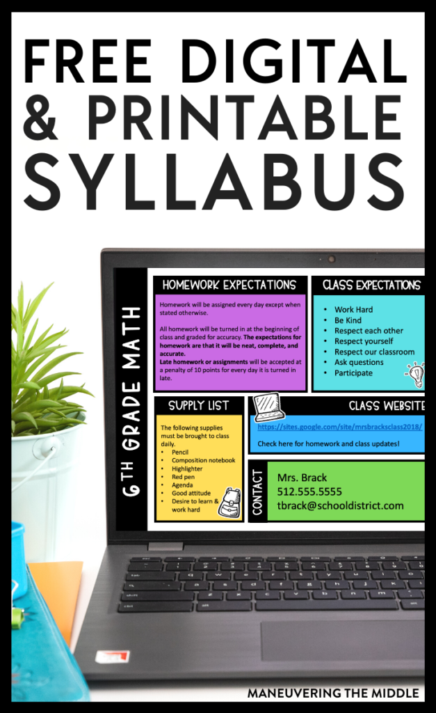 Your class syllabus does not have to be boring! It can be interesting & informative. Get your hands on a free, editable printable AND DIGITAL syllabus. | maneuveringthemiddle.org