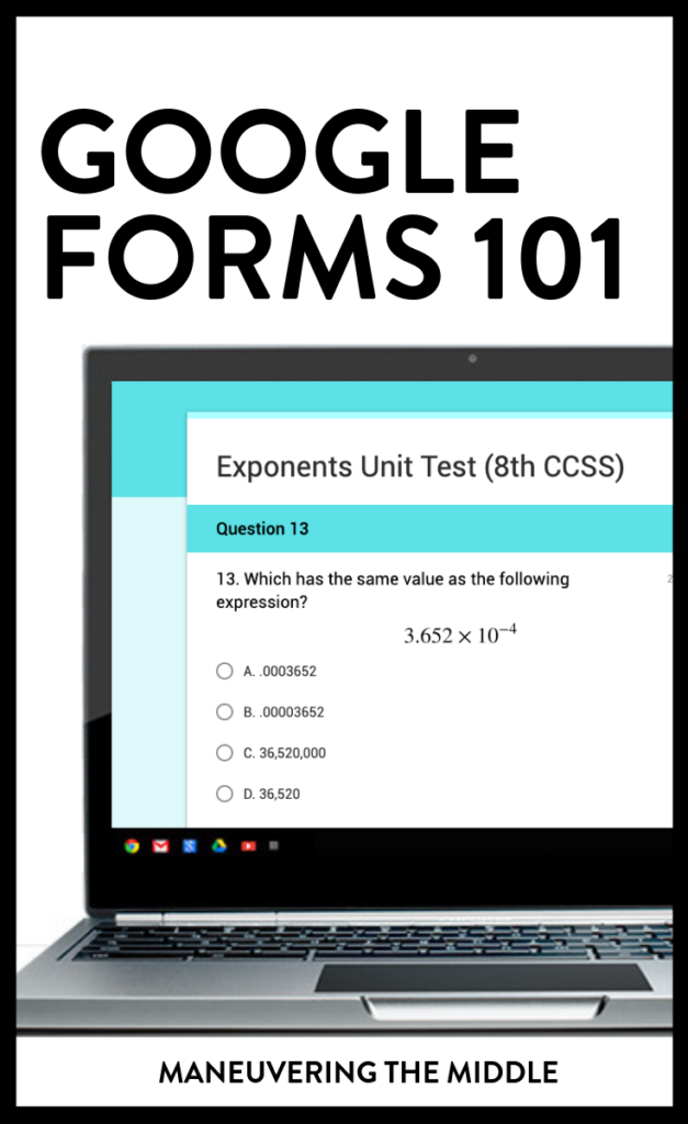 Google Forms exists for any form of data collection, which makes it a perfect tool for teachers!  Many features allow you to use it for your math classroom.  | maneuveringthemiddle.com