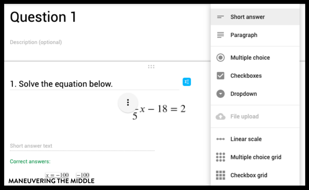 Google Forms exists for any form of data collection, which makes it a perfect tool for teachers!  Many features allow you to use it for your math classroom.  | maneuveringthemiddle.com