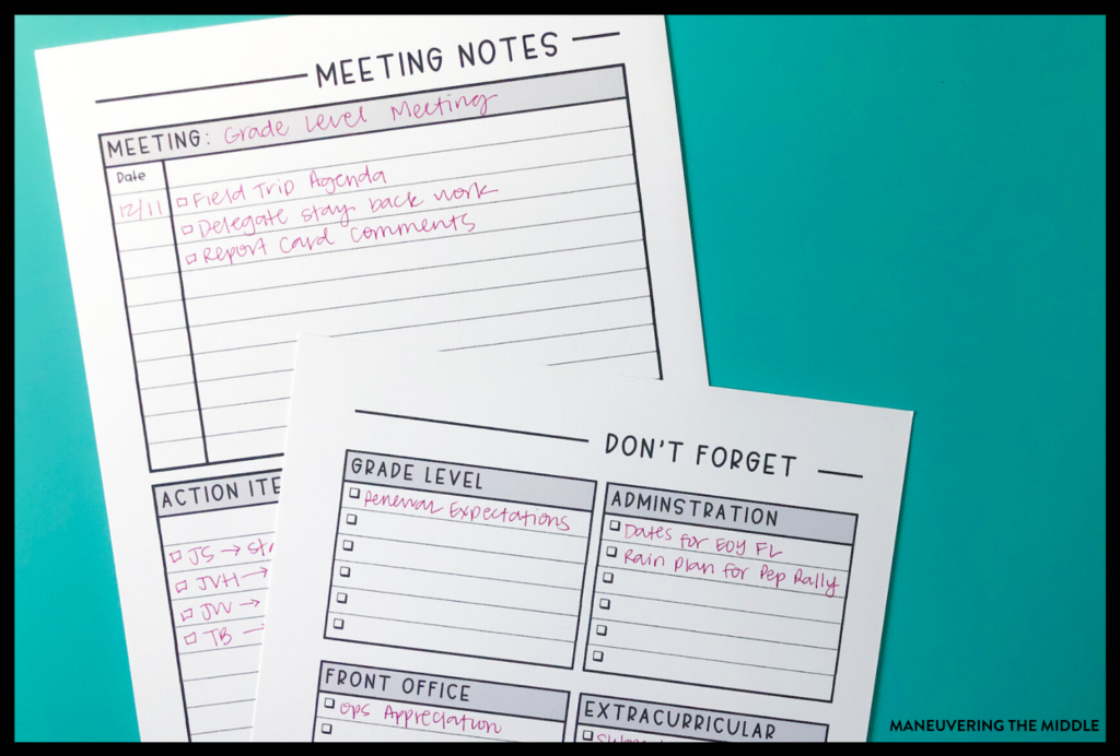 Get organized using free teacher planner printables! Instead of a planner, I use these printables to capture what I don't want to forget..  |  maneuveringthemiddle.com