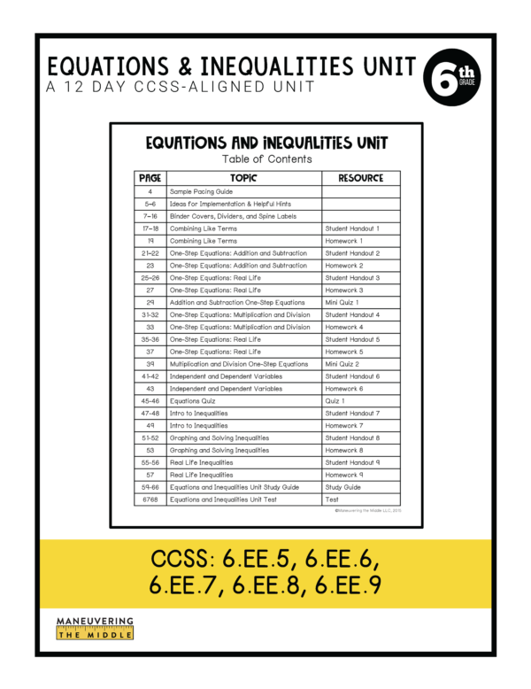Equations and Inequalities Unit 6th Grade CCSS - Maneuvering the Middle
