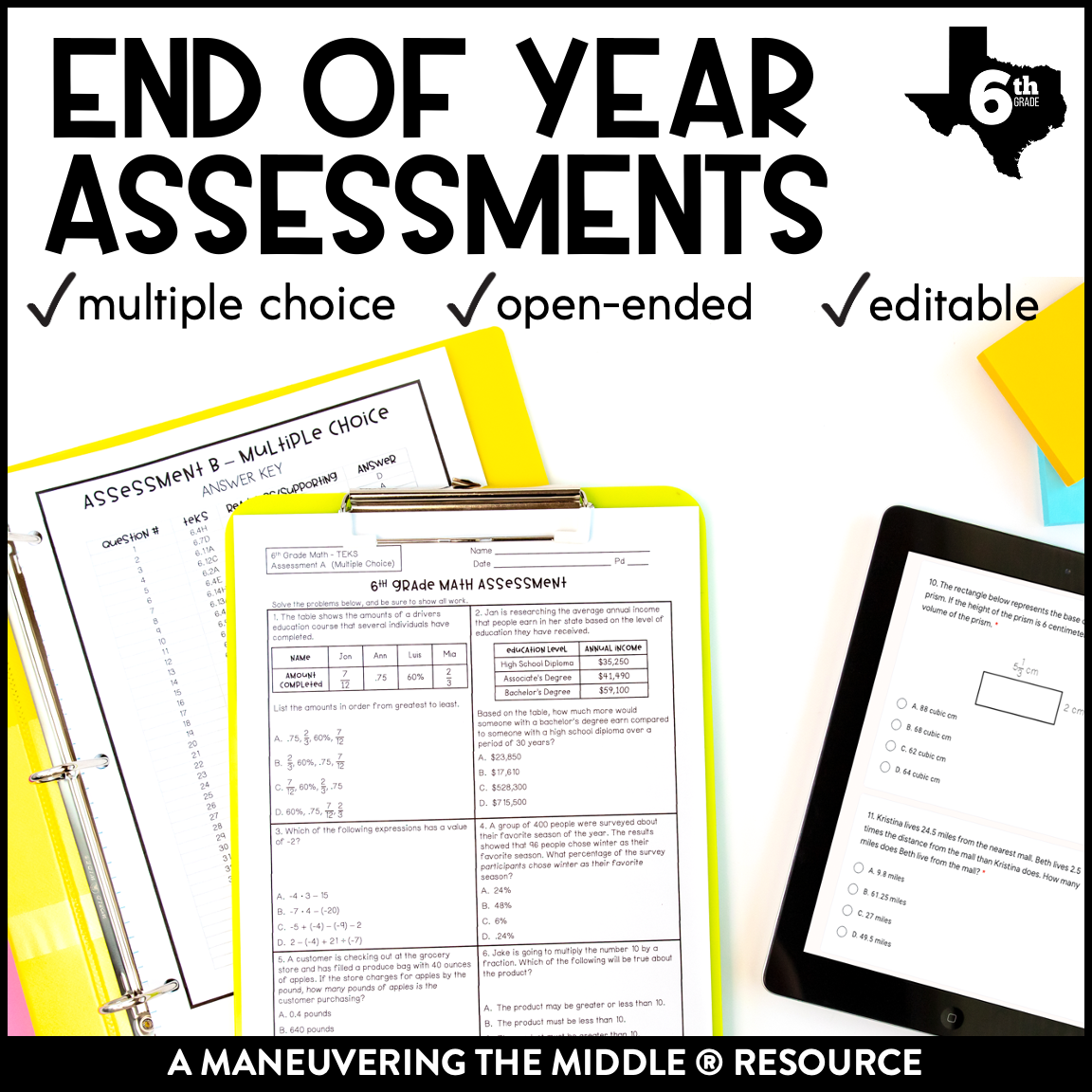 These comprehensive Year-End Assessments cover the 6th grade TEKS and are a great way to review, evaluate or practice test-taking skills. | maneuveringthemiddle.com