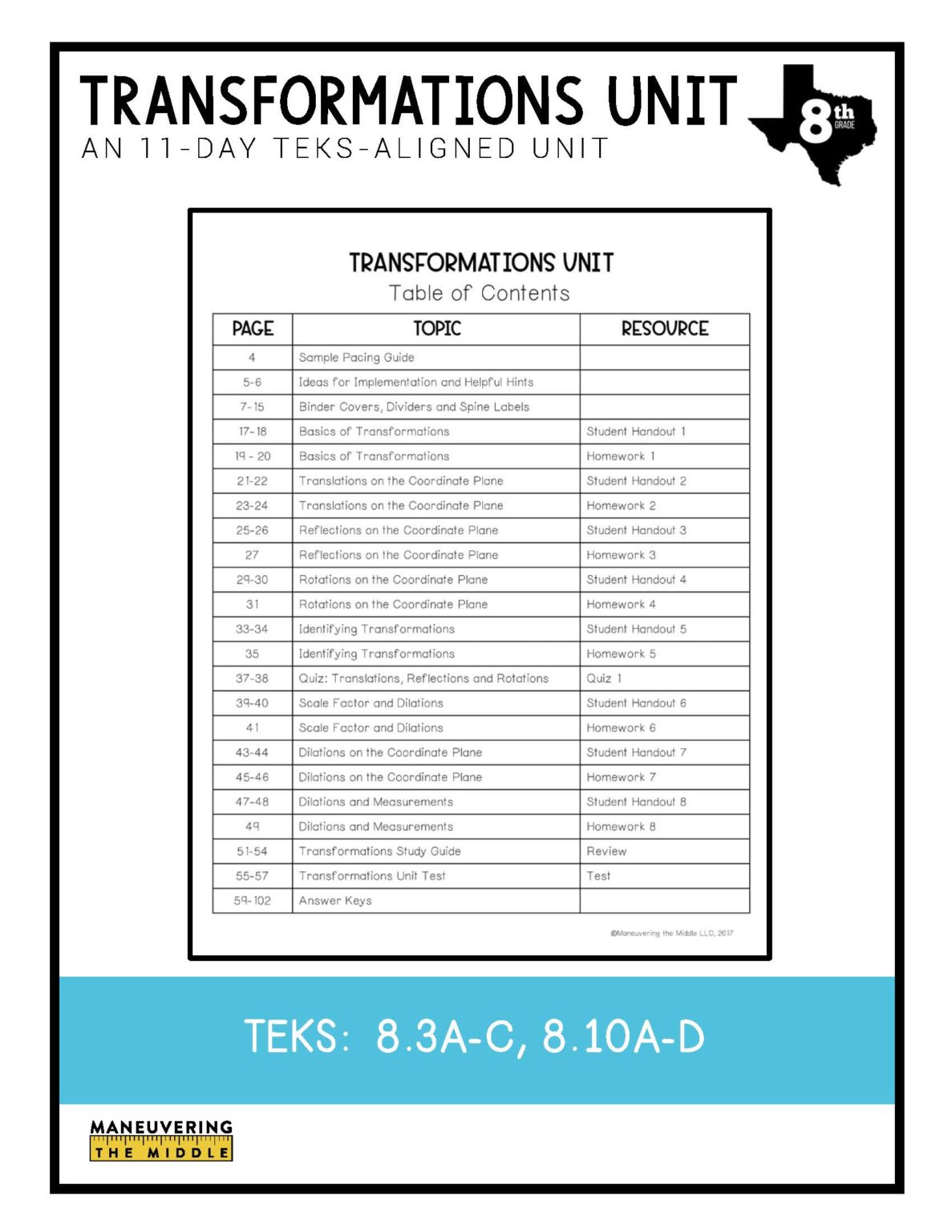 Transformations Unit 8th Grade TEKS - Maneuvering the Middle