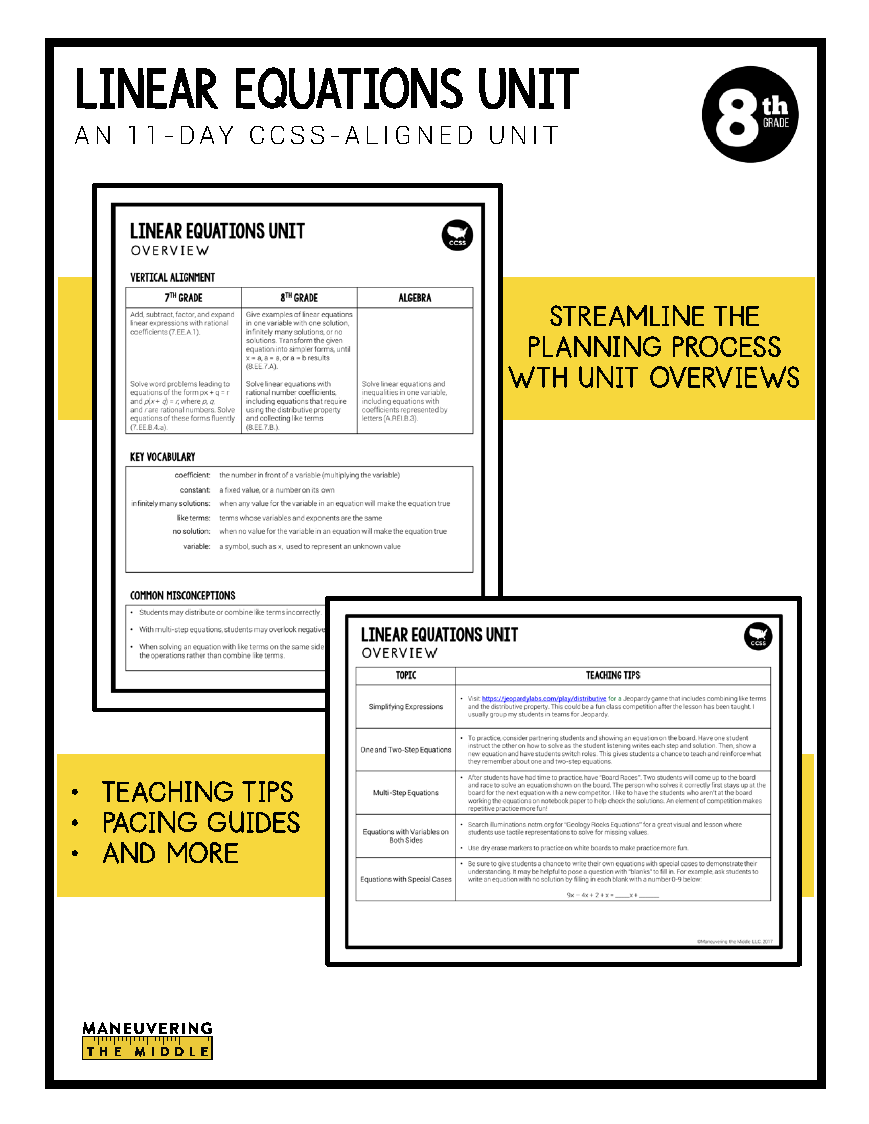 Linear Equations Unit 8th Grade CCSS Maneuvering the Middle