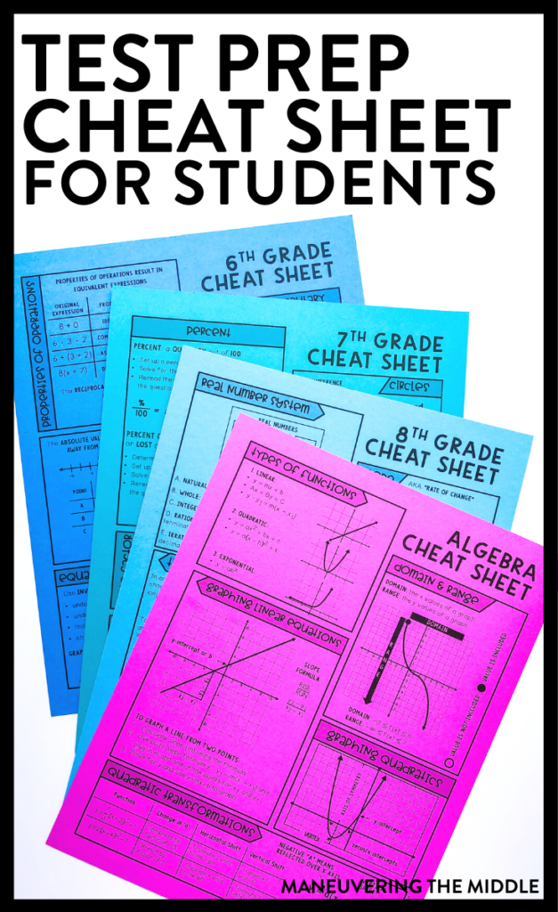 Download a freebie to aid your test prep season. Cheat sheets for 6th, 7th, 8th, and Algebra students and ideas on how you can use them in your classroom. | maneuveringthemiddle.com