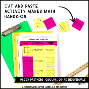 An engaging coordinating plane activity bundle with 6 hands-on and collaborative activities like locating ordered pairs and graphing on the coordinate plane