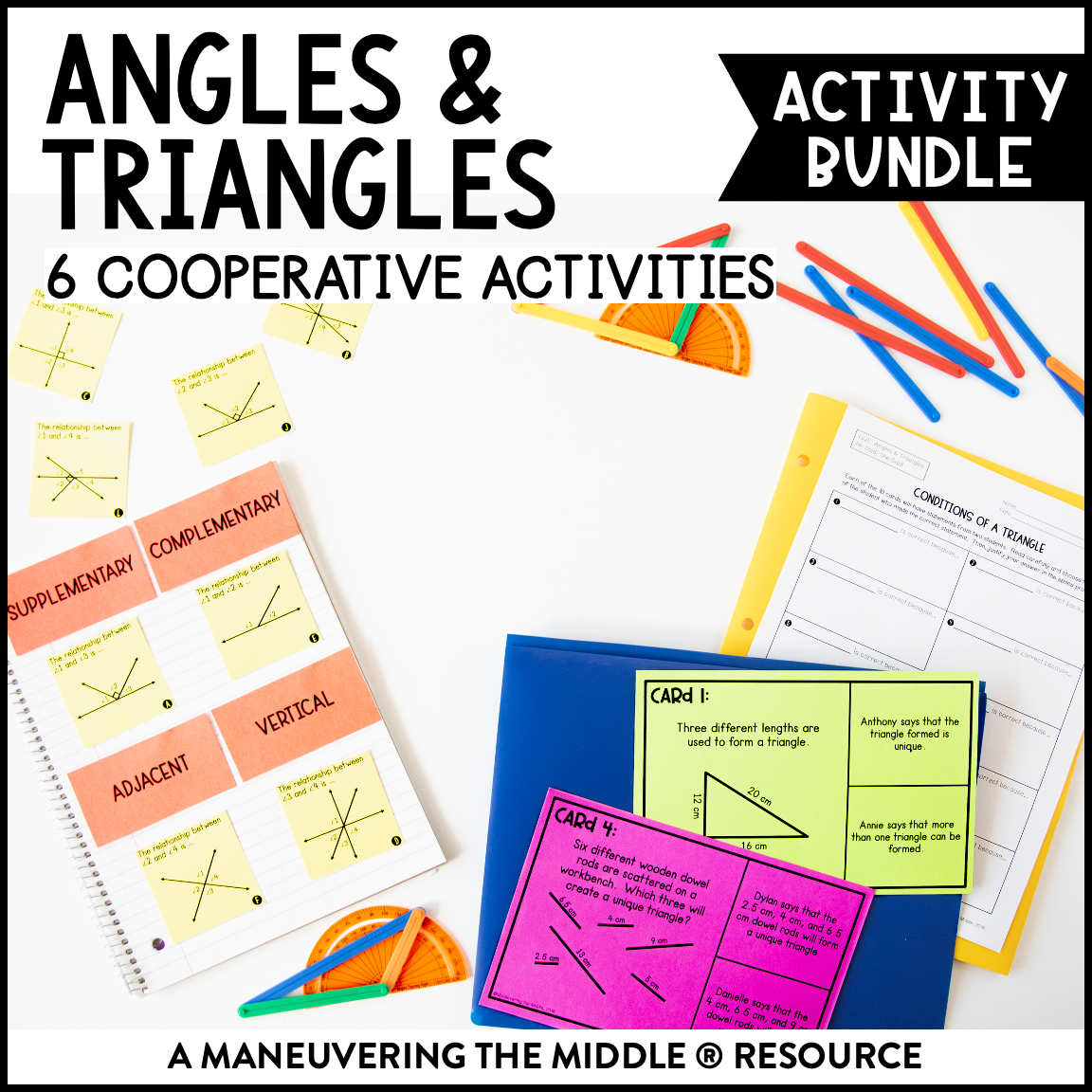 Angle Relationships Activity Bundle 7th Grade - complementary, supplementary, vertical, and adjacent angles. Plus, conditions and attributes of triangles. | maneuveringthemiddle.com