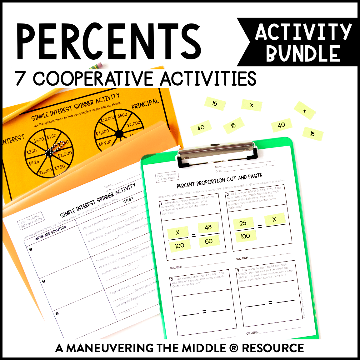 7th-Grade Percents Activity Bundle - 6 activities to support real-life proportions, percent problems, percent of change, percent error, and simple interest. | maneuveringthemiddle.com
