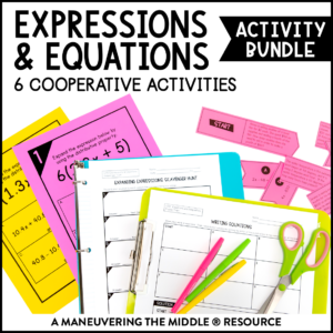 7th-Grade Expressions and Equations Activity Bundle: 6 activities to support simplifying expressions, one & two-step equations, & the distributive property. | maneuveringthemiddle.com