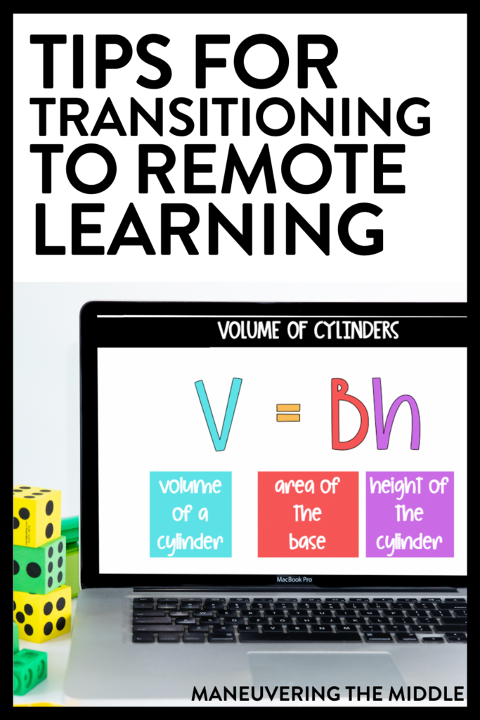 Transitioning to remote learning will be a challenge for all students and teachers, but we can do this together. Here are 5 remote learning tips to think about during this time. | maneuveringthemiddle.com