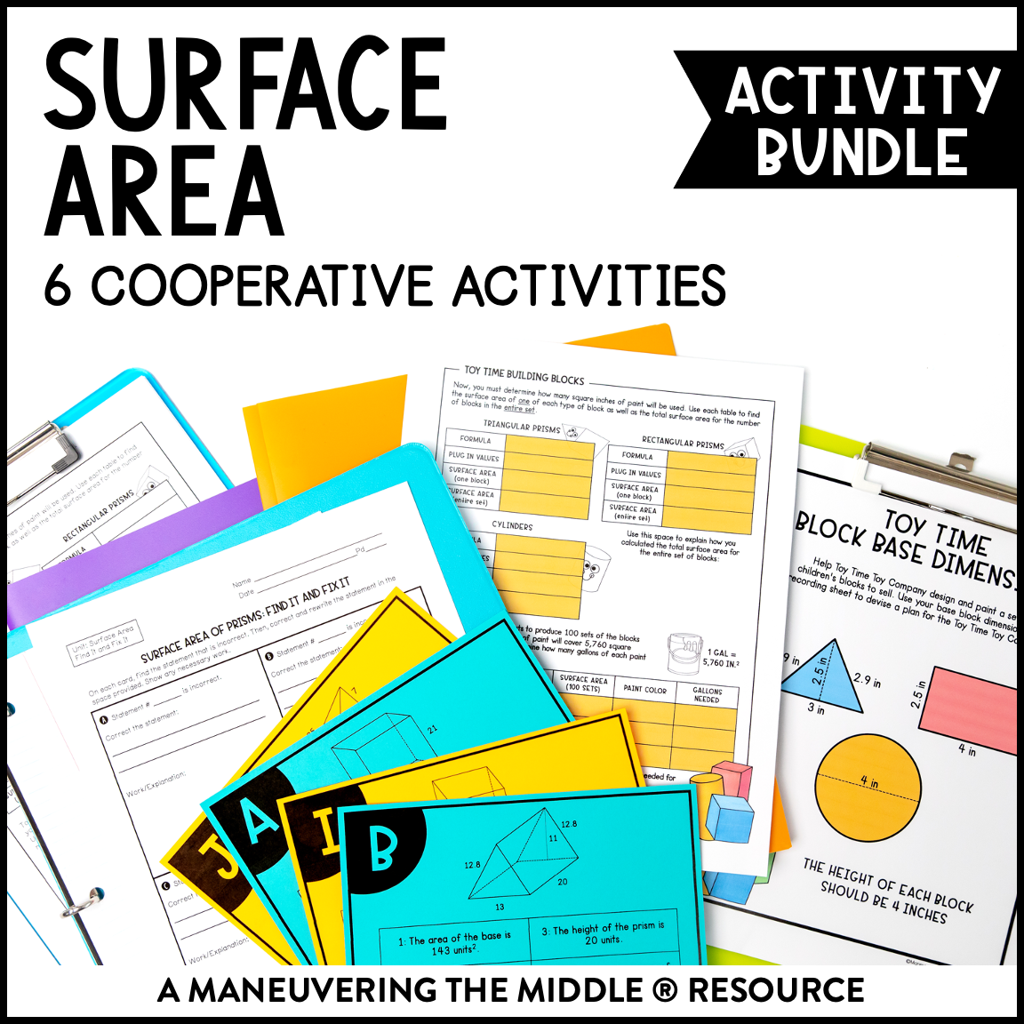 This Surface Area Activity Bundle for 8th Grade TEKS includes 6 activities to support surface area of rectangular prisms, triangular prisms, and cylinders. | maneuveringthemiddle.com