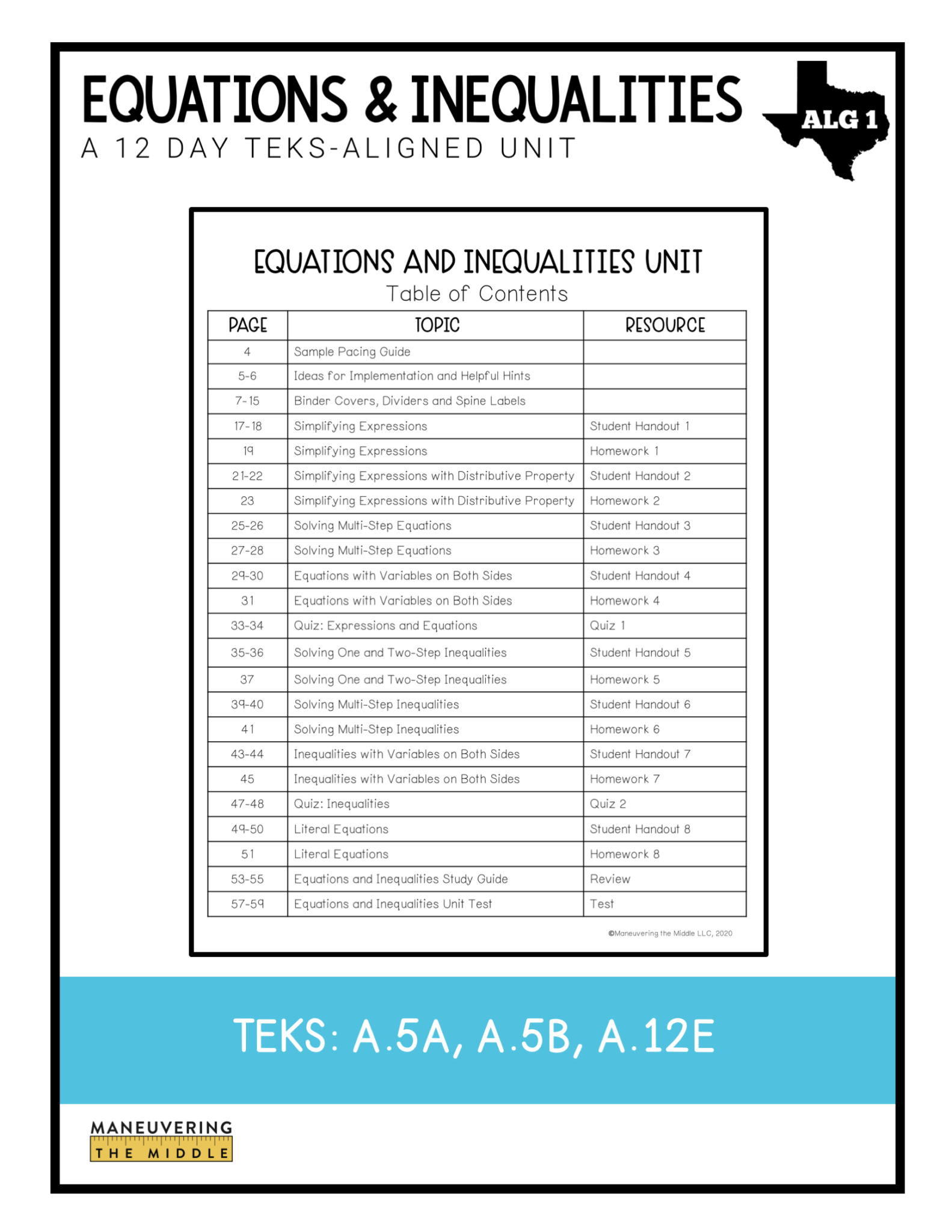 Equations And Inequalities Unit Algebra 1 TEKS Maneuvering The Middle