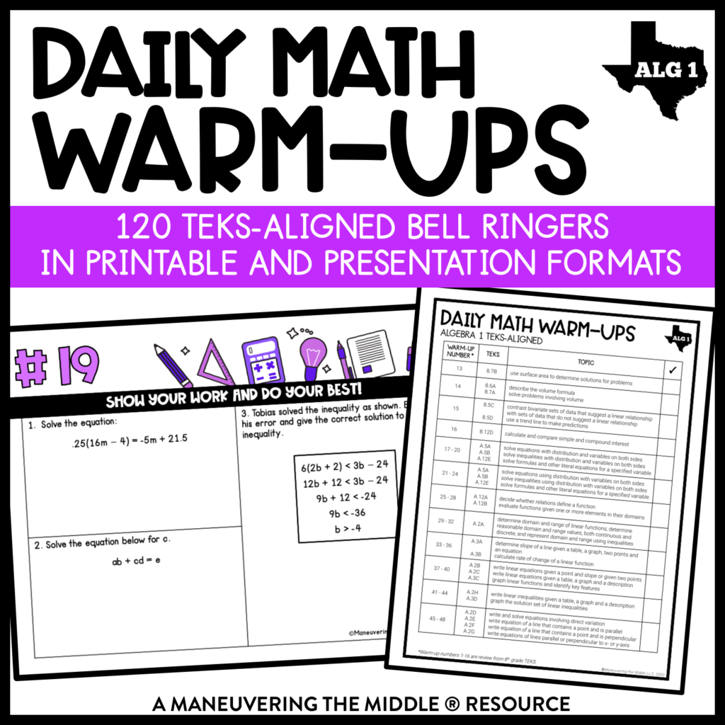 Math Warm Ups Algebra 1 Teks Maneuvering The Middle