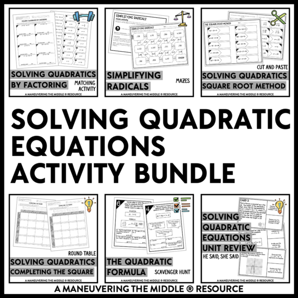 Solving Quadratic Equations Activity Bundle Algebra 1 TEKS ...