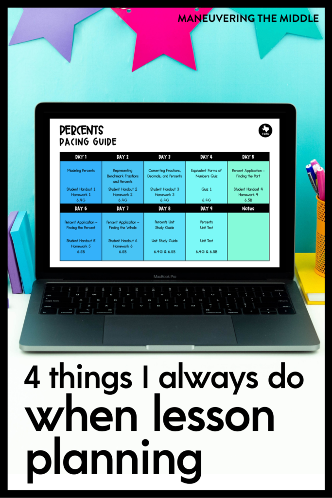 Does lesson planning take up too much of your valuable time? The 4 things I always do when lesson planning helps me stay streamlined, organized, and ready for anything to be thrown at me. Get more lessons planned in less time by looking at the big picture and finalizing the small details. Plus, grab some free digital performance tasks designed for middle school and Algebra students.  | maneuveringthemiddle.com