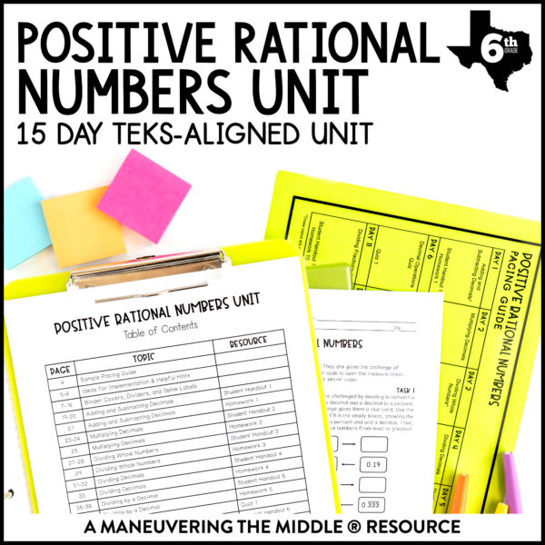 A 15-day Positive Rational Number Operations unit for 6th grade TEKS includes adding, subtracting, multiplying, and dividing decimals and fractions. | maneuveringthemiddle.com