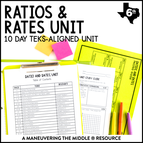 A 10-day Ratios & Rates TEKS 6th grade unit includes ratios & rates as comparisons, ratio & rate application, tables & graphs, & measurement conversions. | maneuveringthemiddle.com