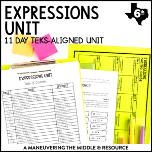 6th grade Expressions TEKS-Aligned unit includes exponent & expanded form, order of operations, prime factorization, the distributive property, and more.