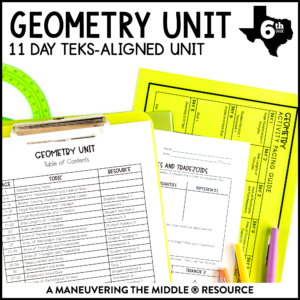 Geometry Unit 6th Grade TEKS includes angle relationships, area of rectangles/ parallelograms/triangles/trapezoids, volume of prisms, and graphing. | maneuveringthemiddle.com