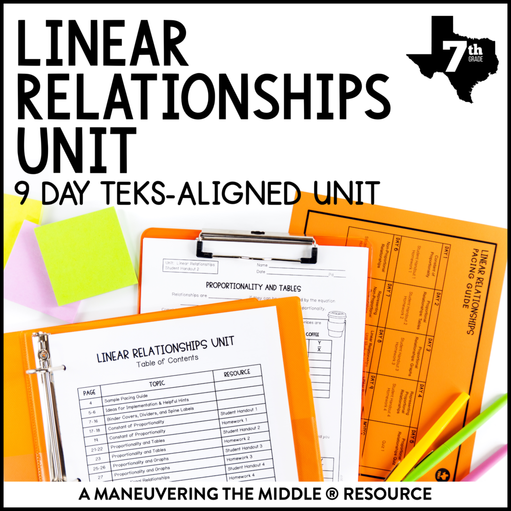 Linear Relationships Unit 7th Grade TEKS - Maneuvering the Middle