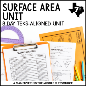 An 8-day Surface Area TEKS-Aligned unit for 7th-grade includes surface area of rectangular and triangular prisms + rectangular and triangular pyramids. | maneuveringthemiddle.com