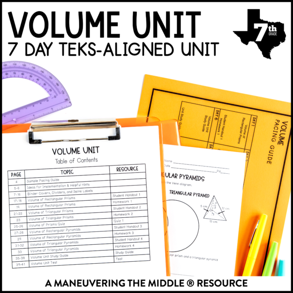 Volume Unit 7th Grade TEKS includes a comprehensive unit including finding the volume of rectangular prisms, triangular prisms, and pyramids. | maneuveringthemiddle.com
