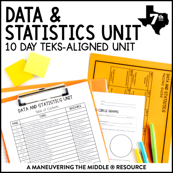 Data and Statistics Unit 7th Grade TEKS including population inferences, interpreting bar graphs & circle graphs, comparing dot plots & box plots. | maneuveringthemiddle.com