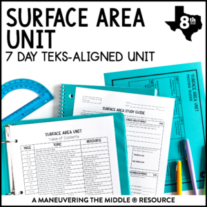 A 7-day TEKS-aligned Surface Area complete unit for 8th grade includes surface area of rectangular prisms, triangular prisms, cylinders and problem solving. | maneuveringthemiddle.com