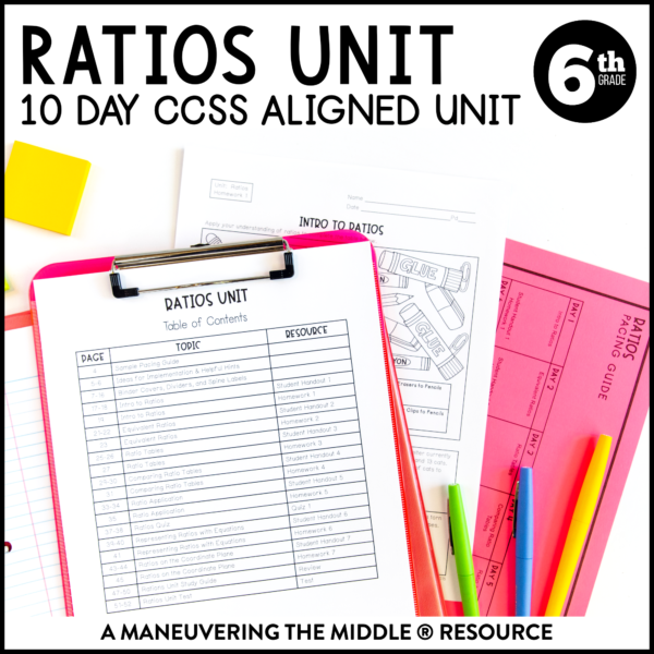This Ratios Unit 6th Grade CCSS includes ratios, modeling ratios with tape diagrams, using ratio tables, equations and graphs, and solving proportions. | maneuveringthemiddle.com
