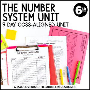 This 9-day CCSS-Aligned Number System Unit for 6th-grade includes introducing the number line, comparing and ordering rational numbers, and absolute value. | maneuveringthemiddle.com