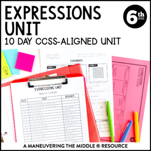6th-Grade Expressions CCSS Unit including exponent notation, order of operations, evaluating expressions, properties of operations, & distributive property.