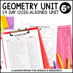 This 6th-Grade Geometry Unit is CCSS-aligned and includes area of composite figures, surface area from nets, and volume of rectangular prisms. | maneuveringthemiddle.com