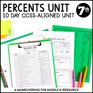 Percents Unit 7th Grade CCSS - solving real-life proportions, solving percent problems, percent of change, percent error, and much more. | maneuveringthemiddle.com