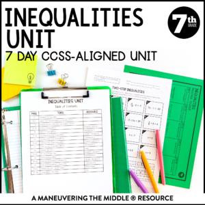 Inequalities Unit 7th Grade CCSS includes solving one and two-step inequalities, writing inequalities, and solving inequalities in real-world situations. | maneuveringthemiddle.com