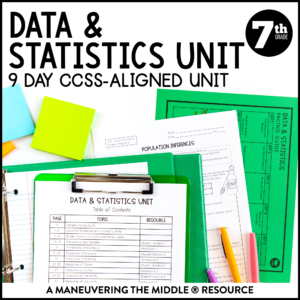 Statistics Unit 7th Grade CCSS - populations & samples, drawing inferences, measures of centers & variability, comparing & analyzing dot & box plots. | maneuveringthemiddle.com