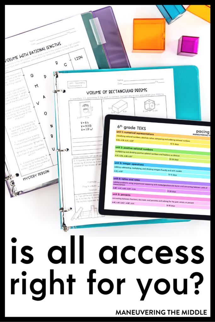 We are excited to launch our all-inclusive membership for middle school math teachers: All Access Math Curriculum. Find out what it is here. | maneuveringthemiddle.com