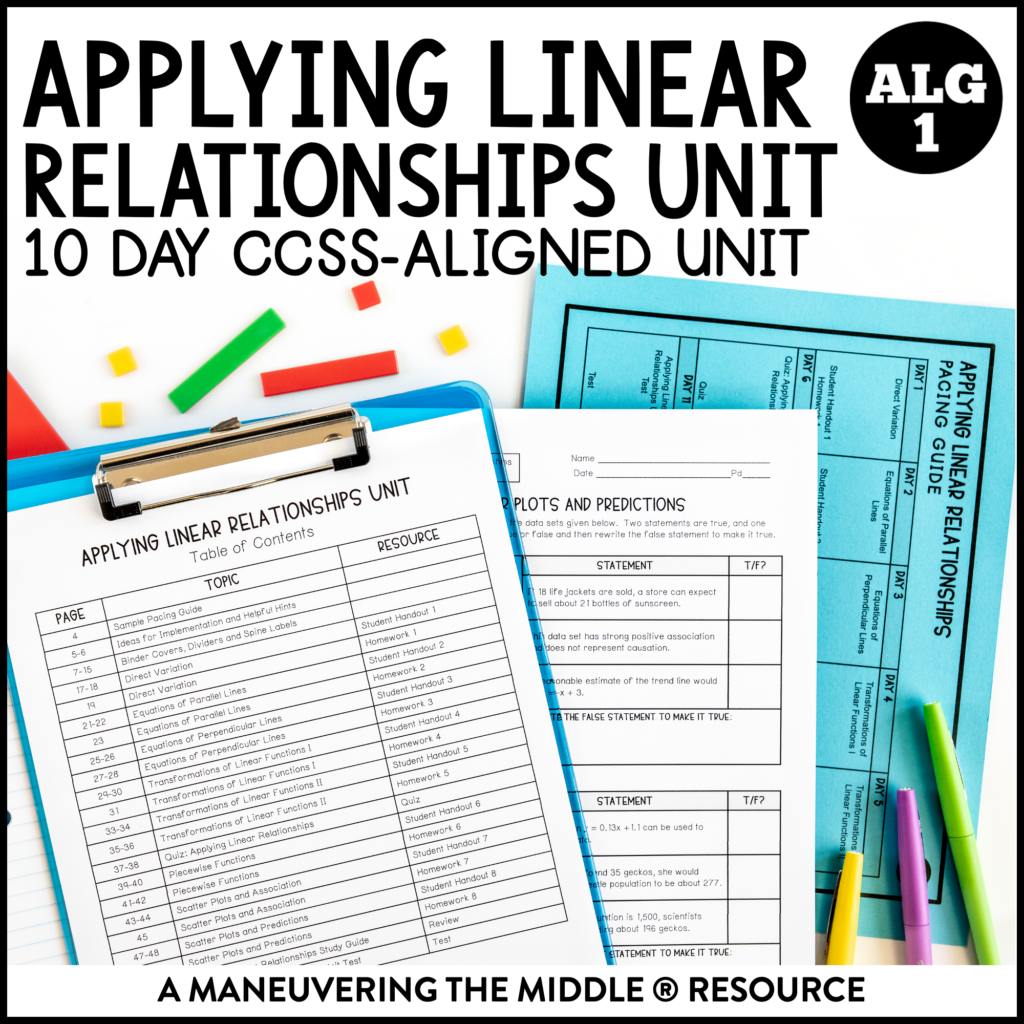 Applying Linear Relationships Unit Algebra 1 CCSS Maneuvering the Middle