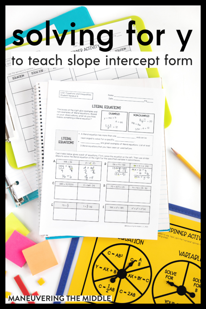 Solving for y is needed for slope-intercept & systems of equations, but can be tricky for students. Check out our tips to teach this skill. | maneuveringthemiddle.com