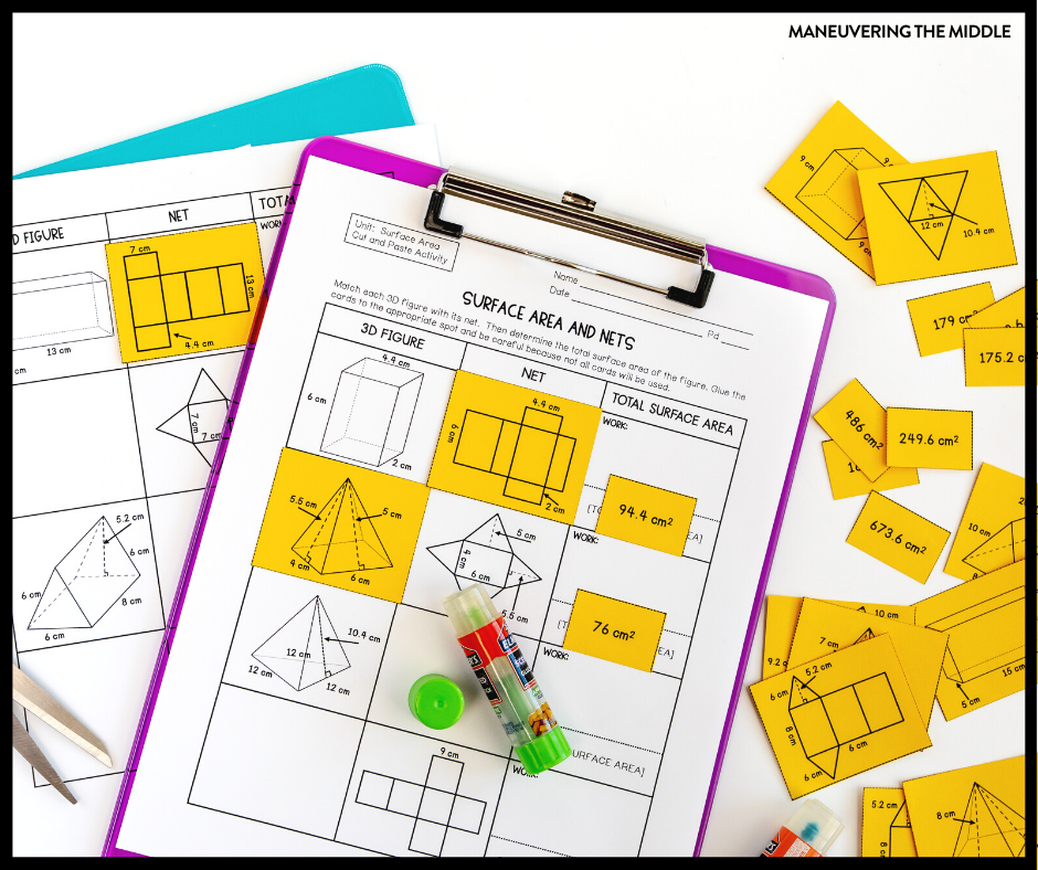 Teaching surface area is hands-on and engaging! Check out these 5 ideas for surface area of prisms, cylinders, and pyramids! | mneuveringthemiddle.com