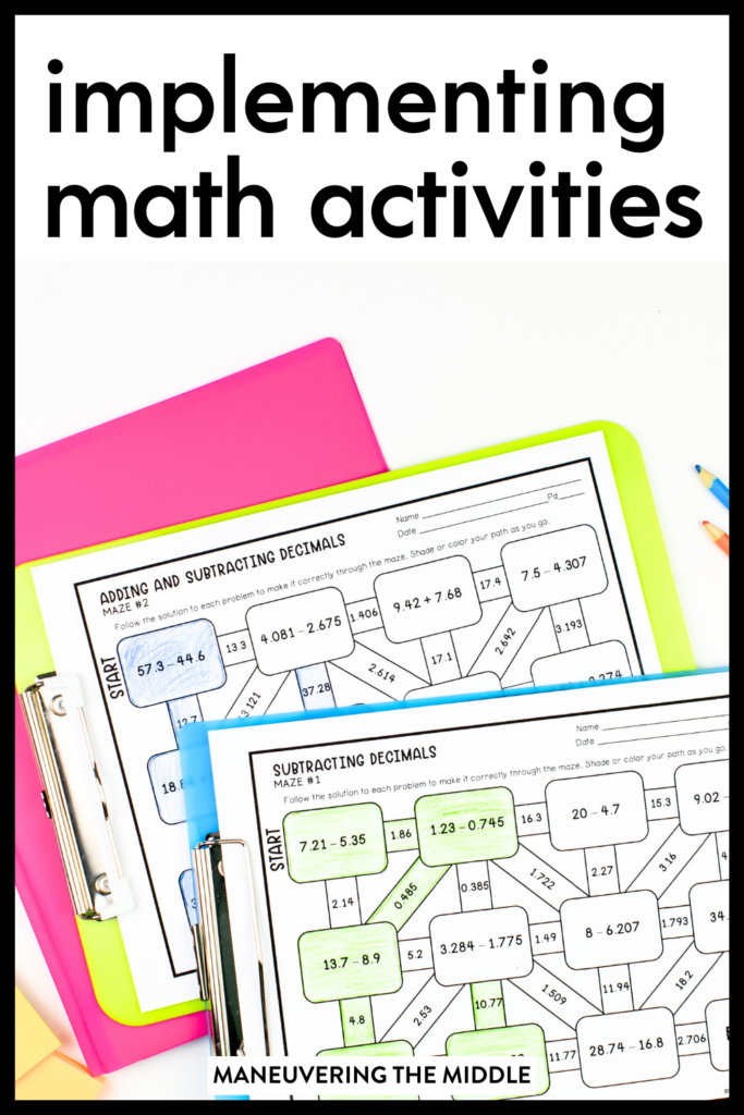 Math activities are a great way to provide practice to your students. Here are 8 tips for implementing them in your class. | maneuveringthemiddle.com